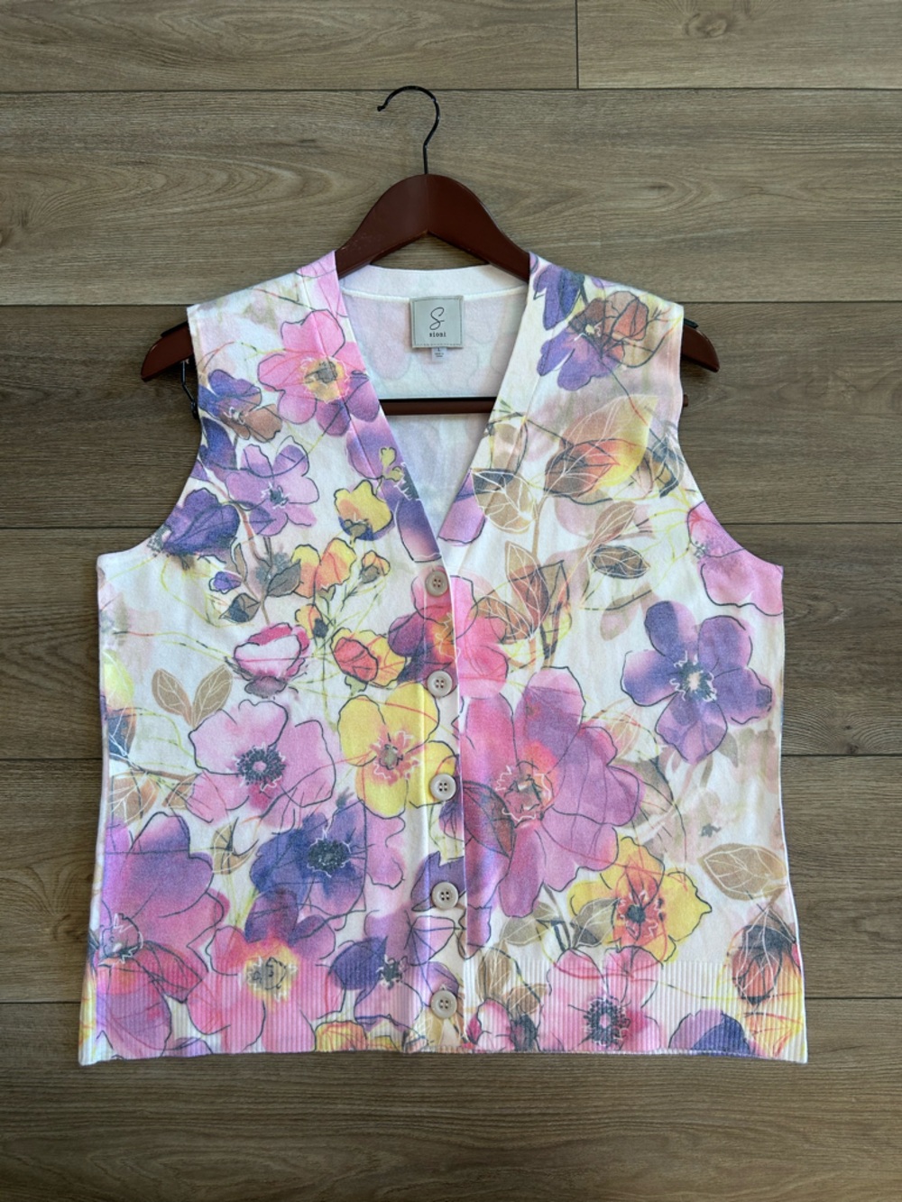 Sioni Floral Knit Vest Top Y2K Button Front Sleeveless Sweater Size L